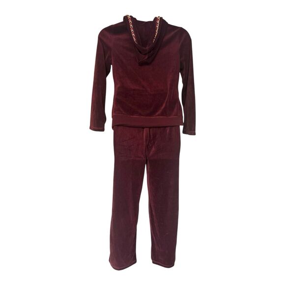 Monroe & Main Velour Tracksuit Burgundy Chain Trim Zipper Jacket Active Pant Set - Picture 5 of 16